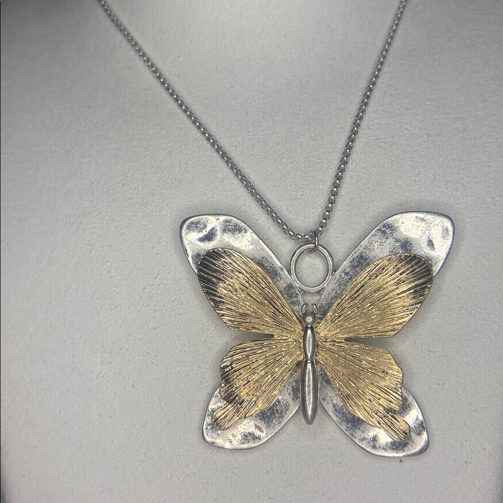 NWT Long Silver & Gold Tone Large Butterfly Pendant Necklace